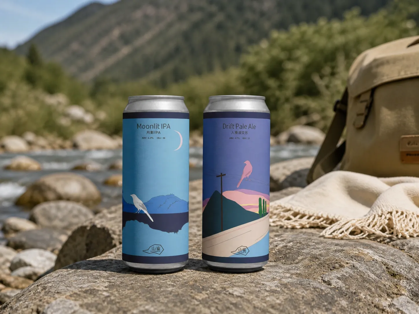 Two Mountain Tit craft beer cans photographed on riverside rocks beside a canvas bag and soft woven cloth