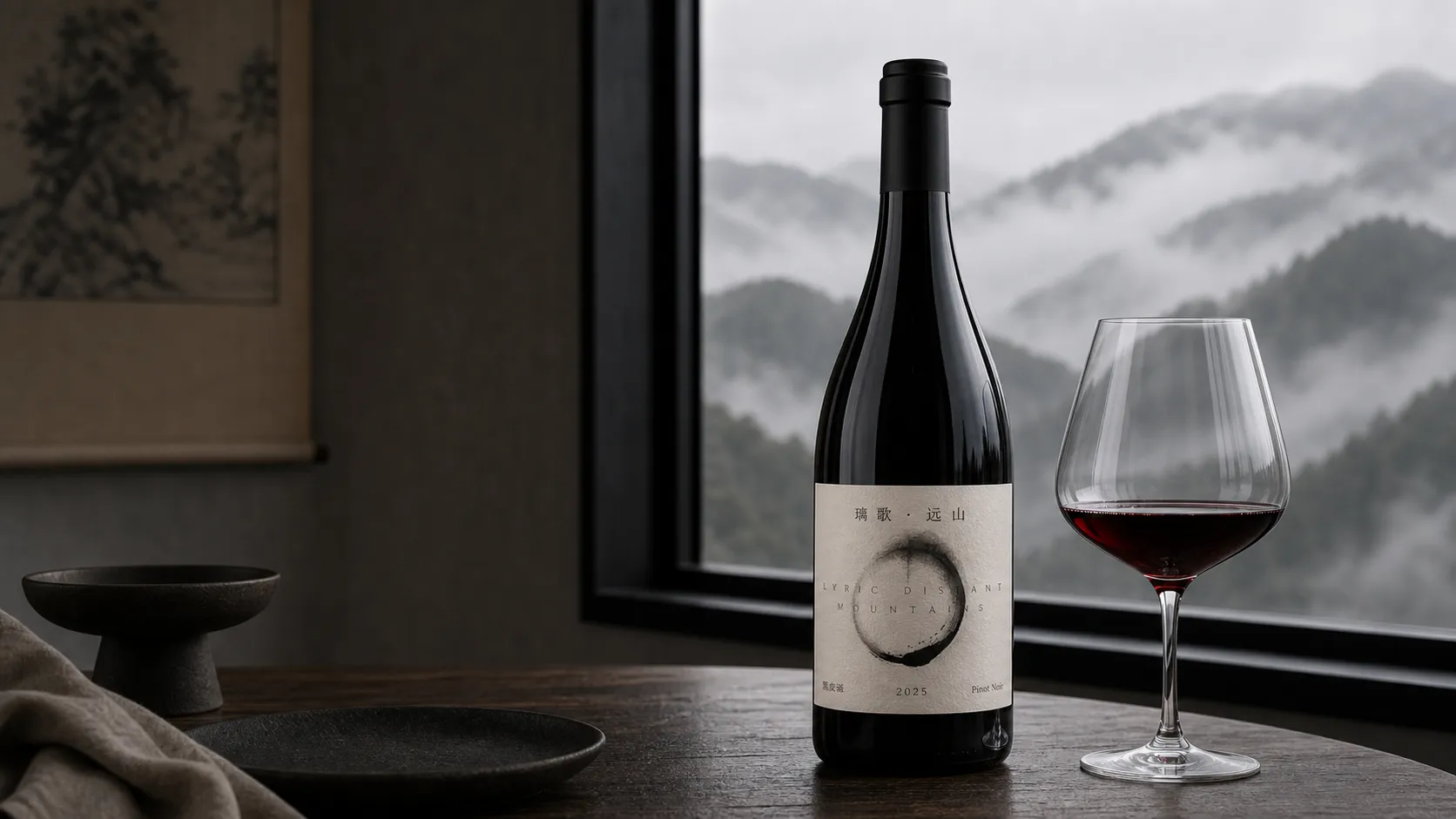 Lige Yuanshan Pinot Noir bottle and glass in a quiet mountain interior with fog outside the window