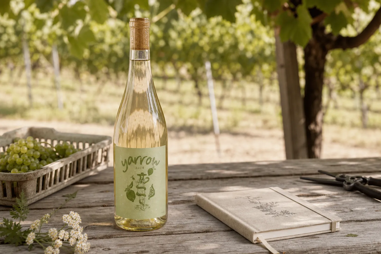 Yarrow Sauvignon Blanc on a vineyard worktable