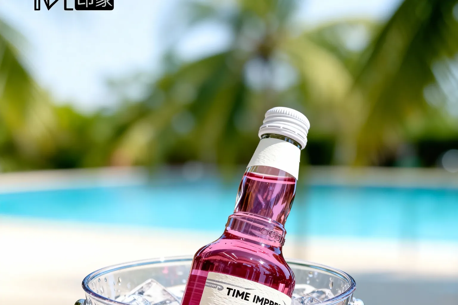 Time Impression soda wine bottle resting in a clear ice bucket by a bright blue pool
