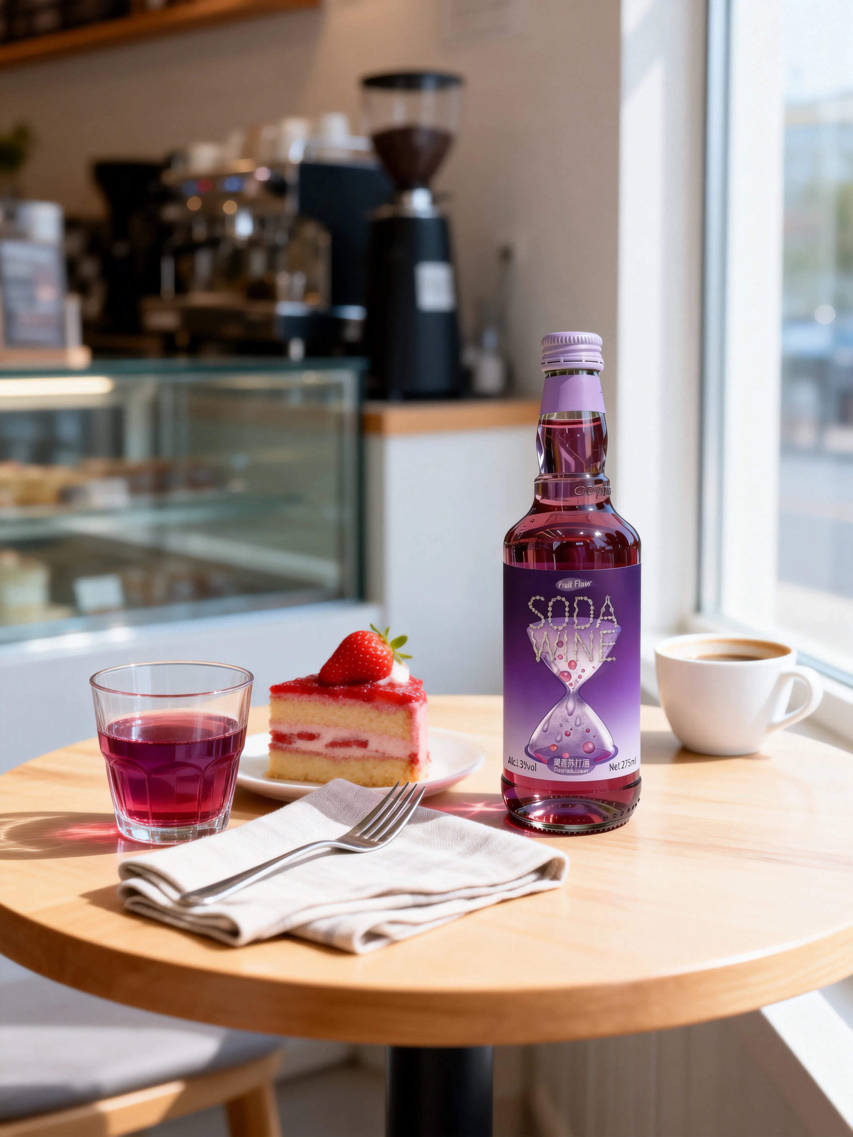 Time Impression bottle with dessert and coffee on a small cafe table