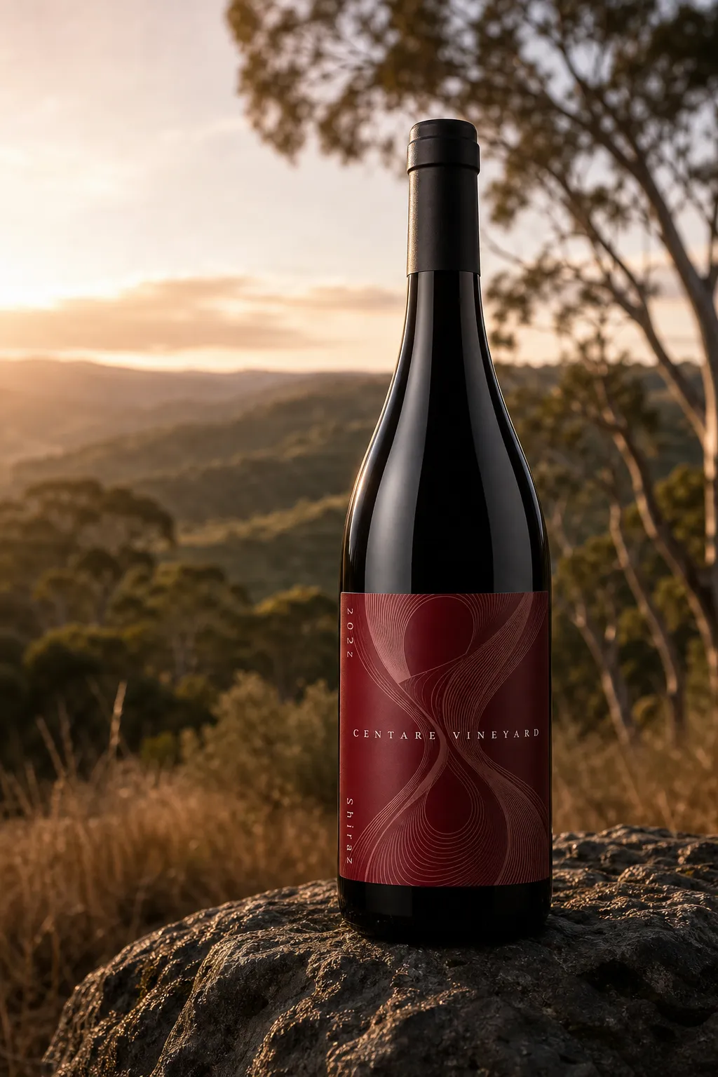 CENTARE Shiraz bottle photographed on a dark stone in warm native Yarra Valley landscape