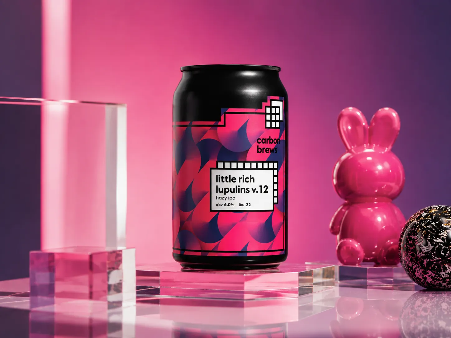 Carbon Brews Little Rich Lupulins v.12 can shown in a pink acrylic studio scene