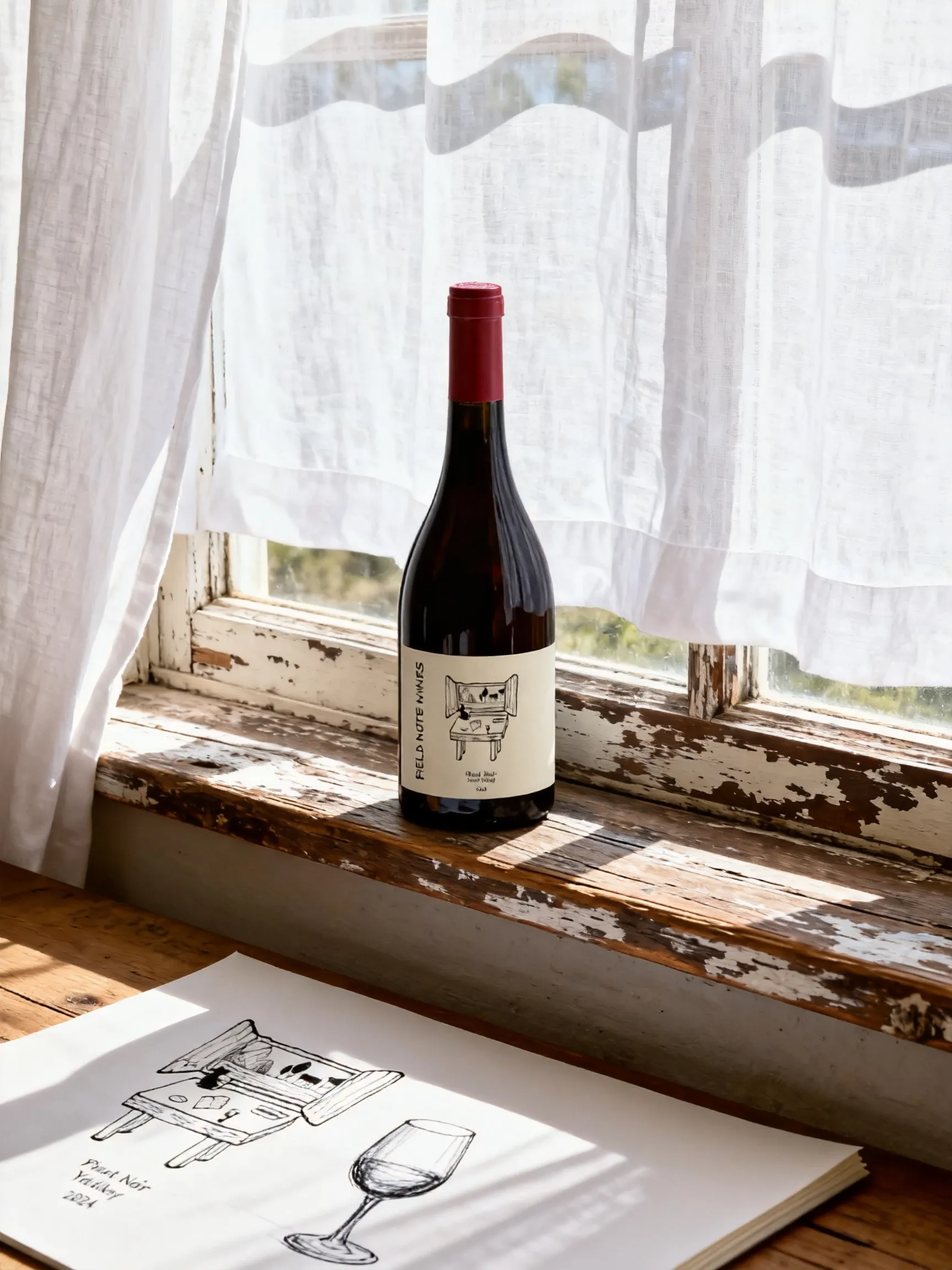 FIELD NOTE bottle on a weathered window ledge beside a sketchbook and wine notes
