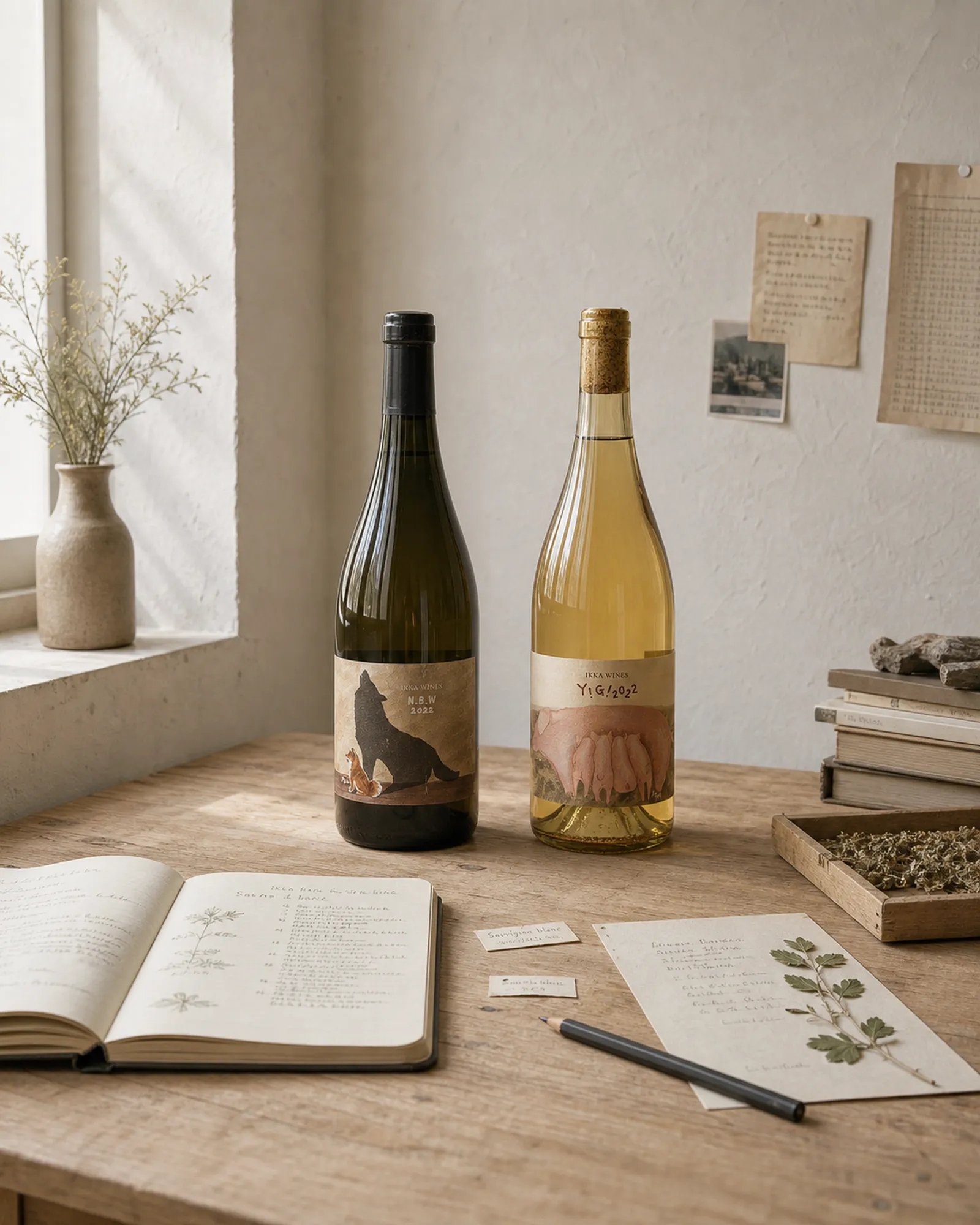 Full IKKA WINES bottles on a quiet wooden worktable, showing the animal labels in a natural-light observation scene