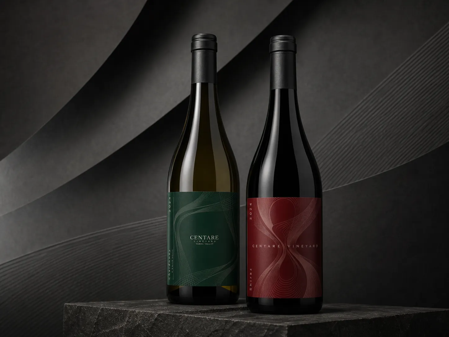 CENTARE Chardonnay and Shiraz bottles in an abstract dark studio with layered linear shadows