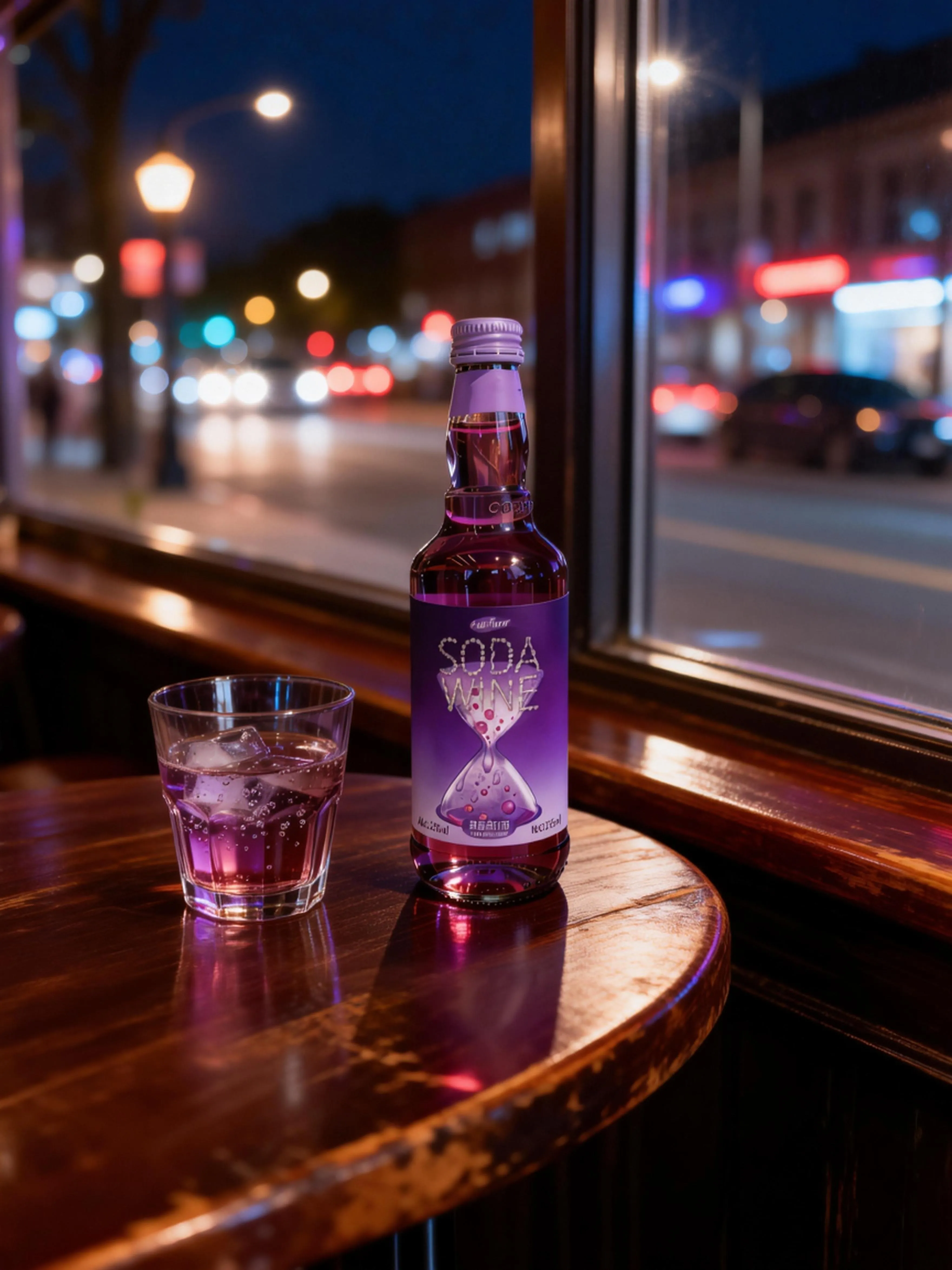 Time Impression bottle and glass beside a window with city night lights blurred outside