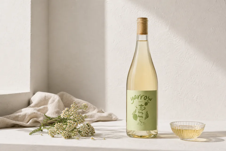 Yarrow bottle in a restrained studio