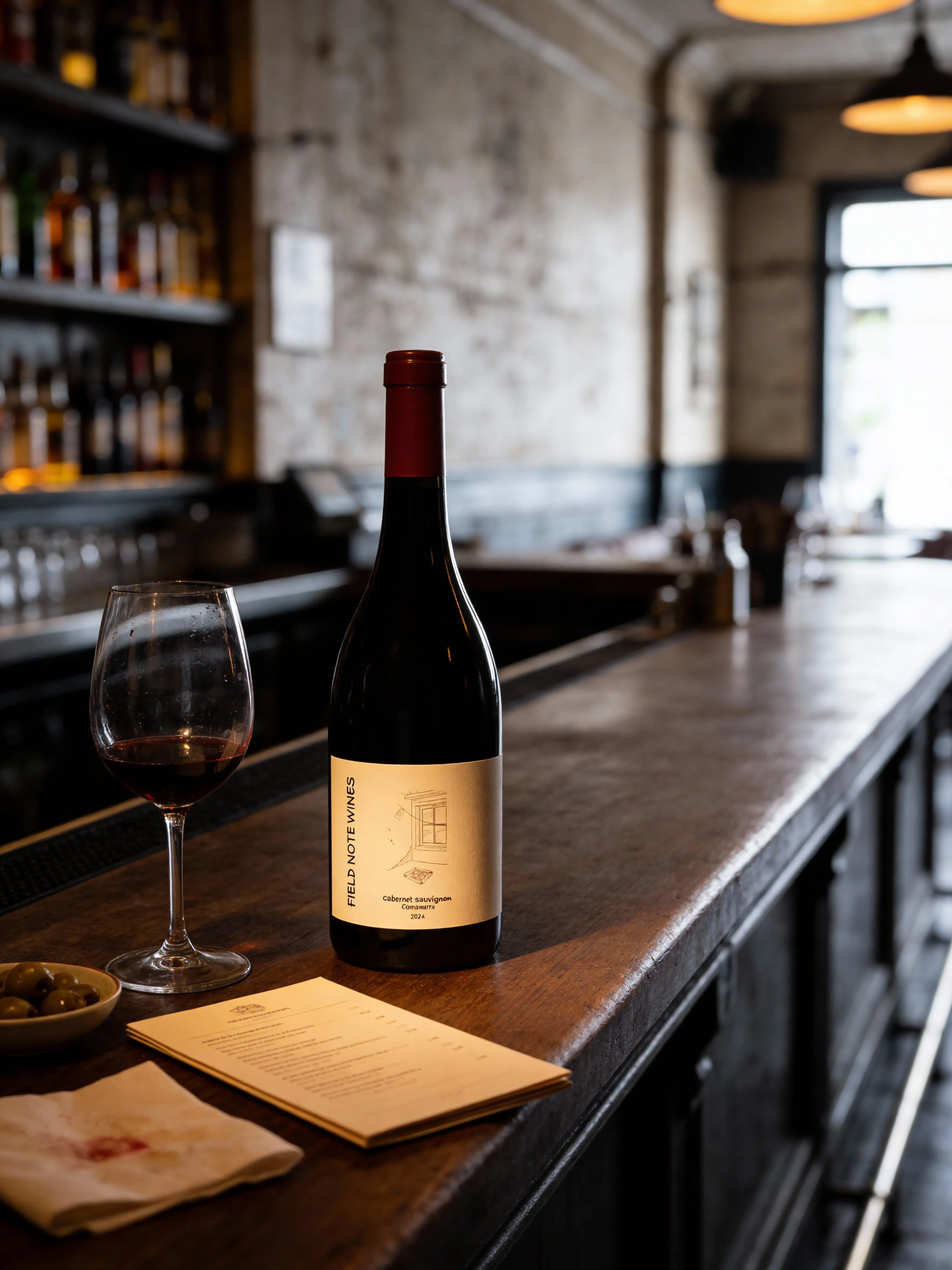 FIELD NOTE bottle and red wine glass on an old wine bar counter