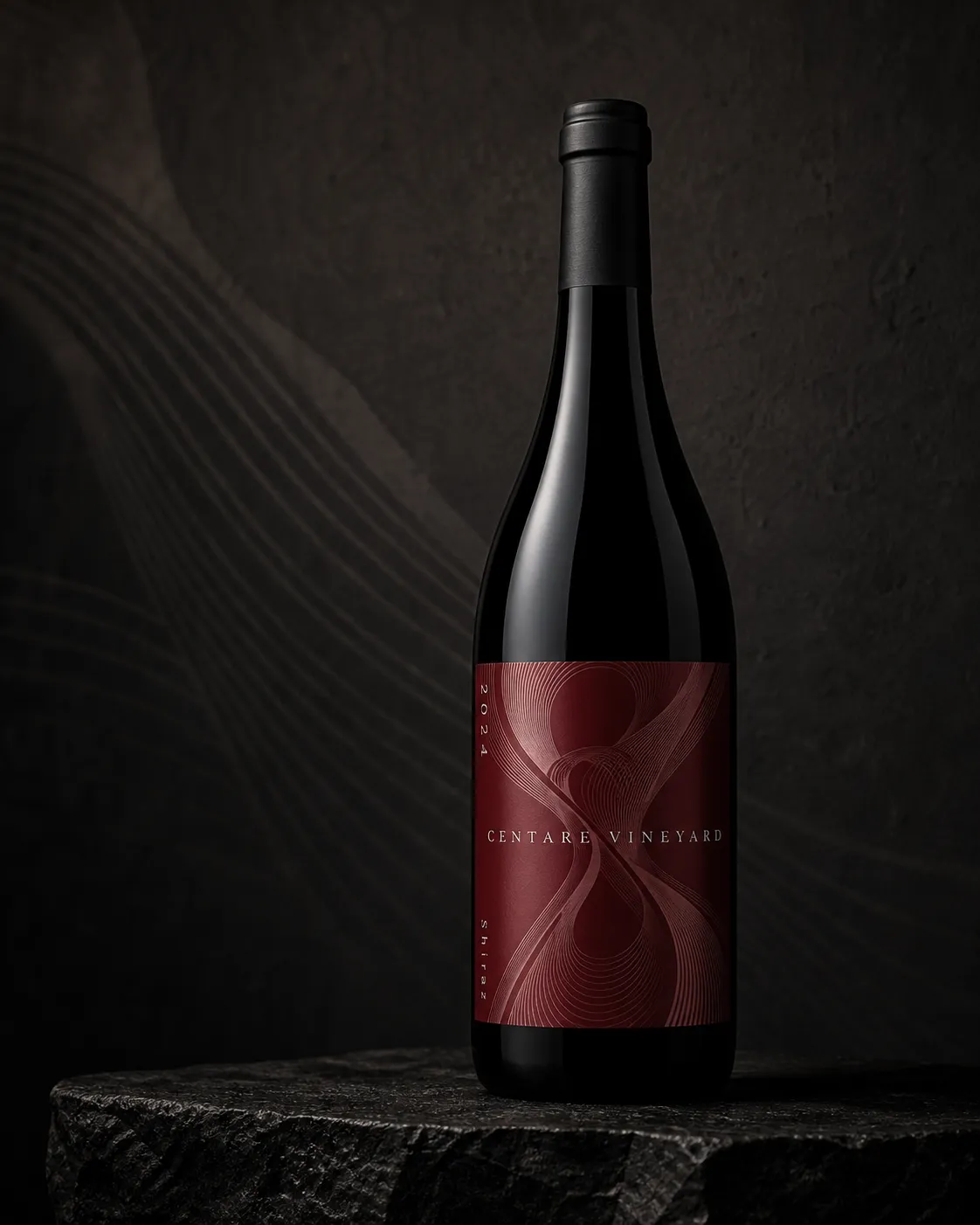 CENTARE Shiraz bottle in a dark abstract studio with flowing linear shadows