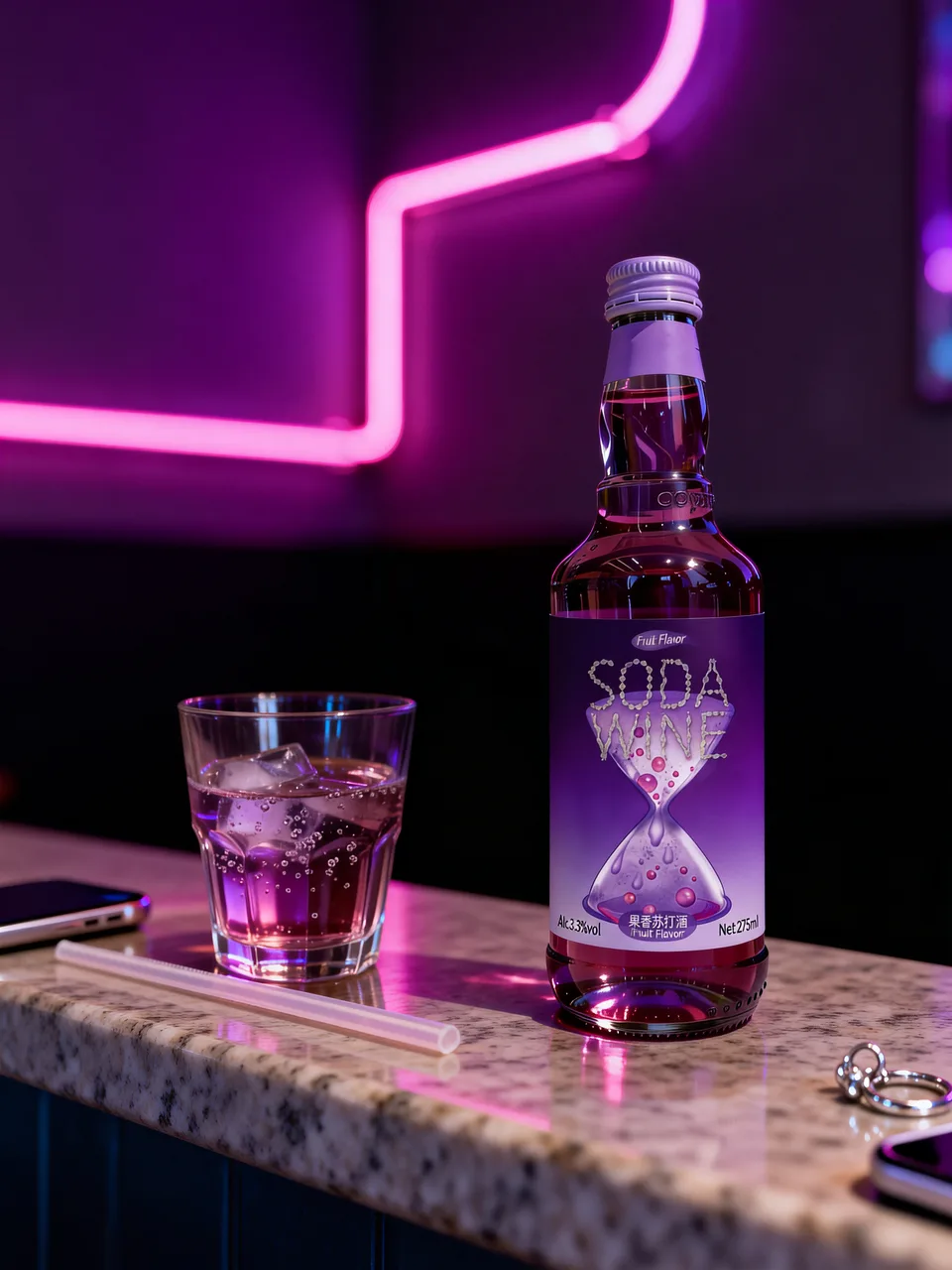 Time Impression bottle in purple light