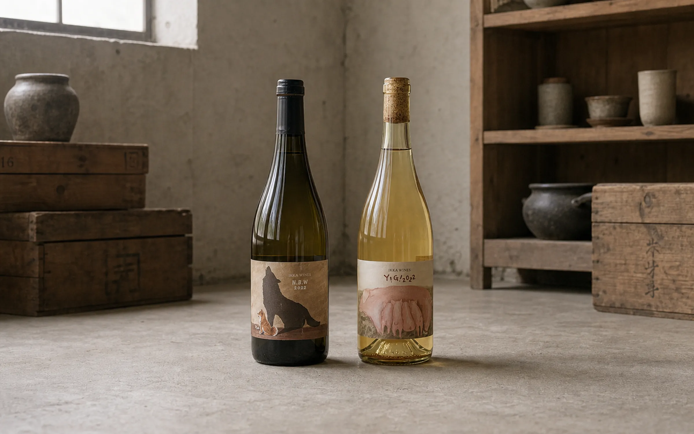 IKKA WINES bottle pair in a quiet cellar