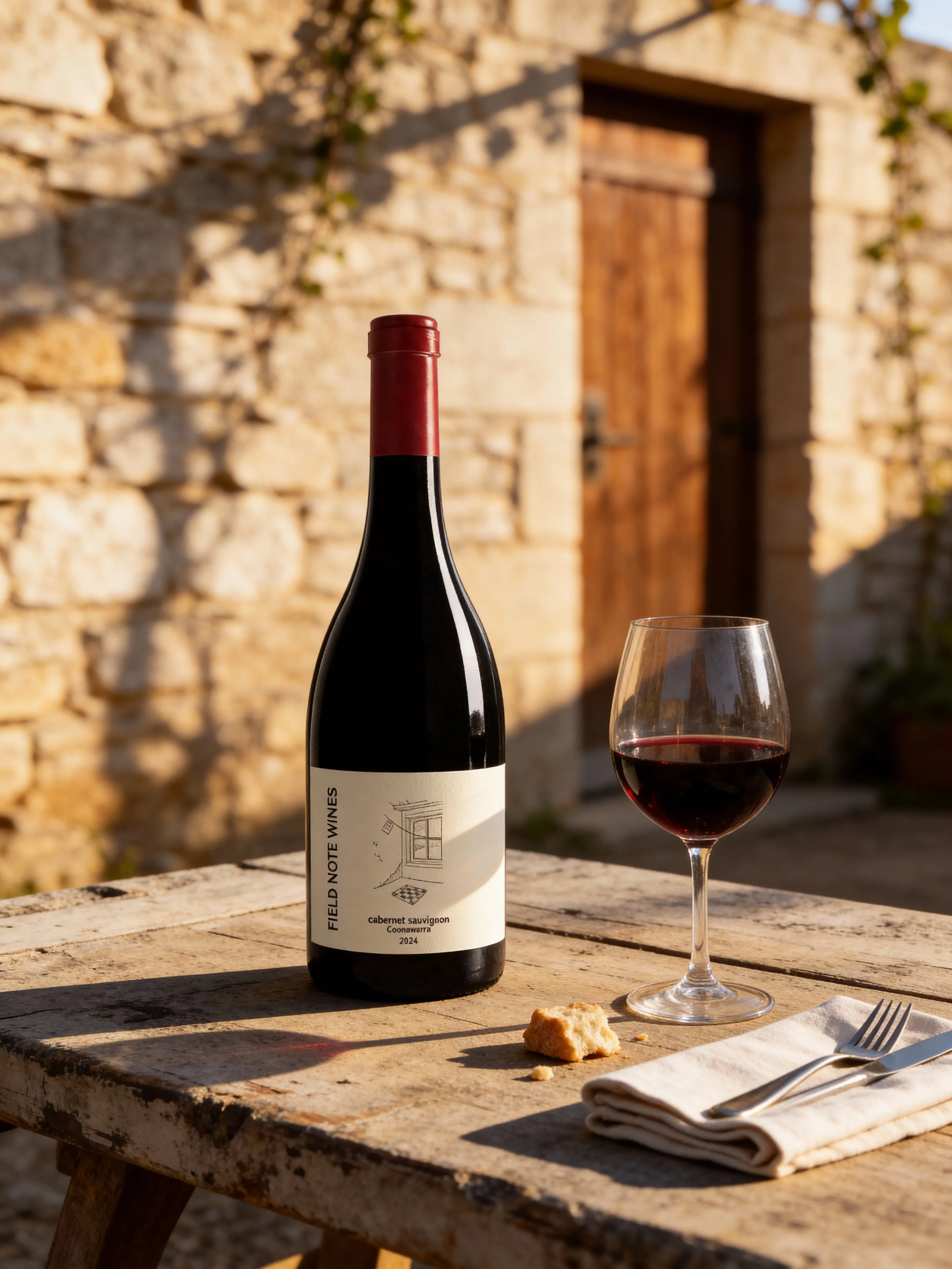 FIELD NOTE bottle and wine glass on a sunlit stone table outside