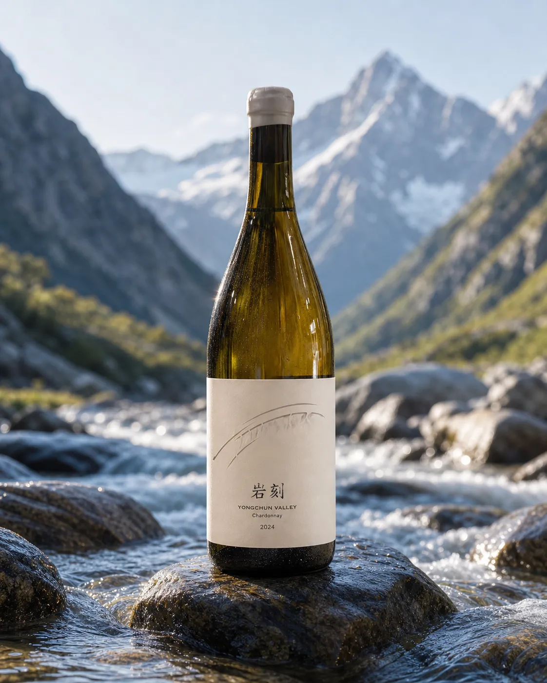 Yanker bottle standing in a shallow mountain stream with snowy peaks blurred in the distance