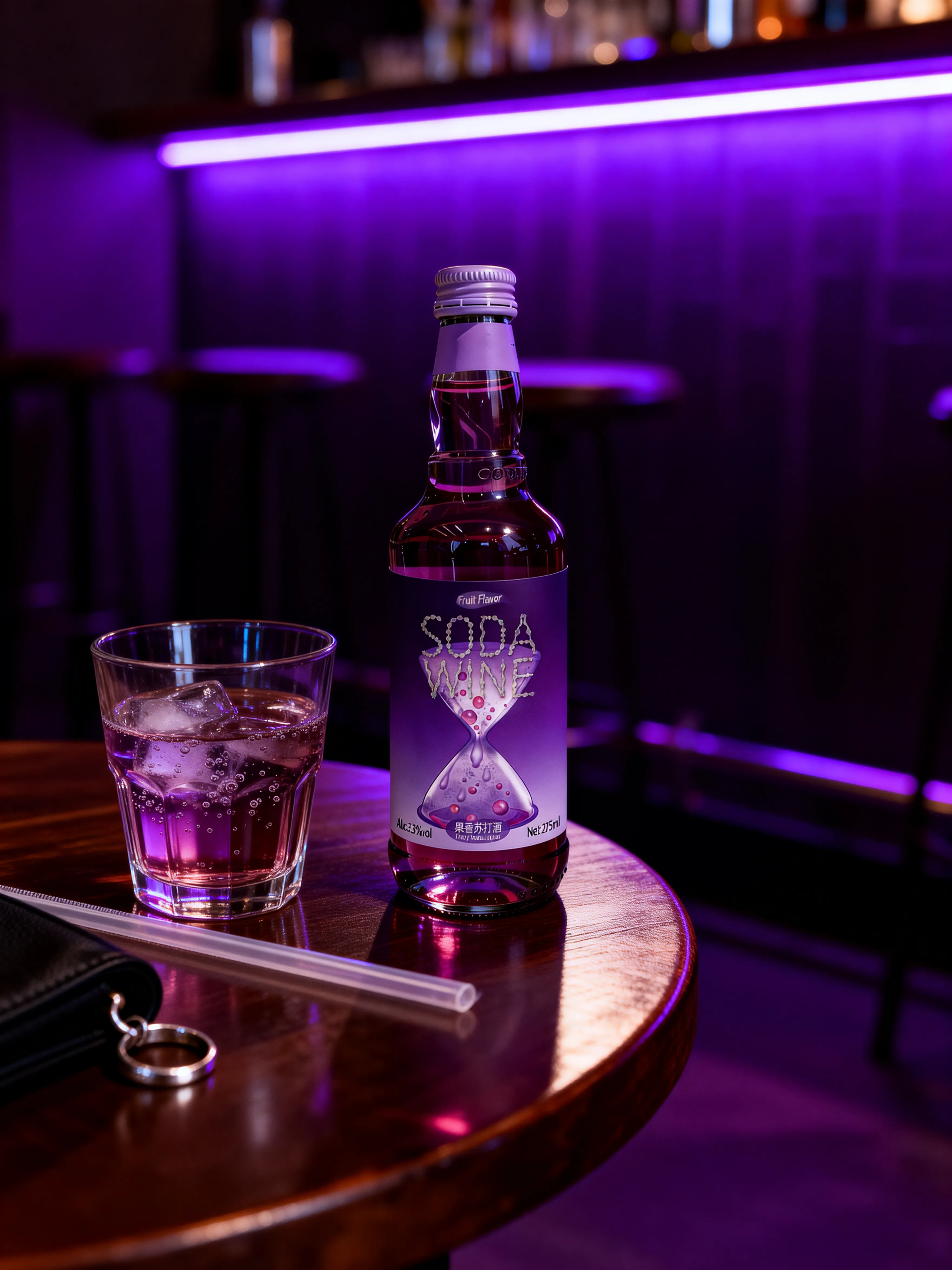 Time Impression bottle and glass on a round bar table with purple light in the background