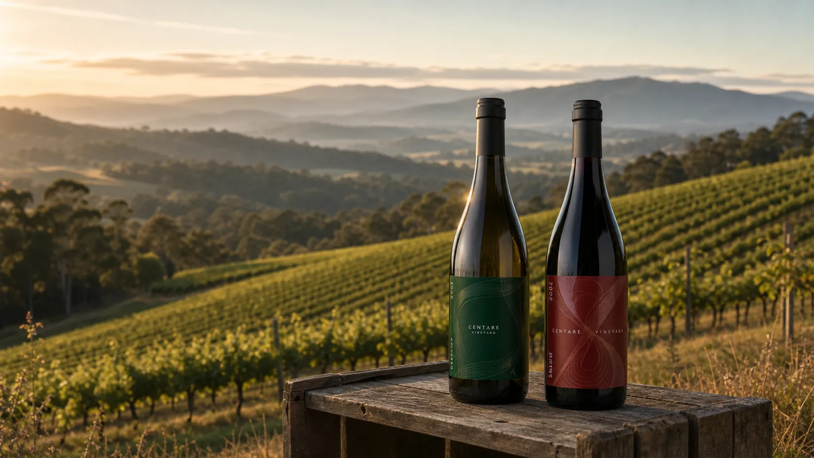 CENTARE Chardonnay and Shiraz bottles standing together above golden Yarra Valley vineyard rows