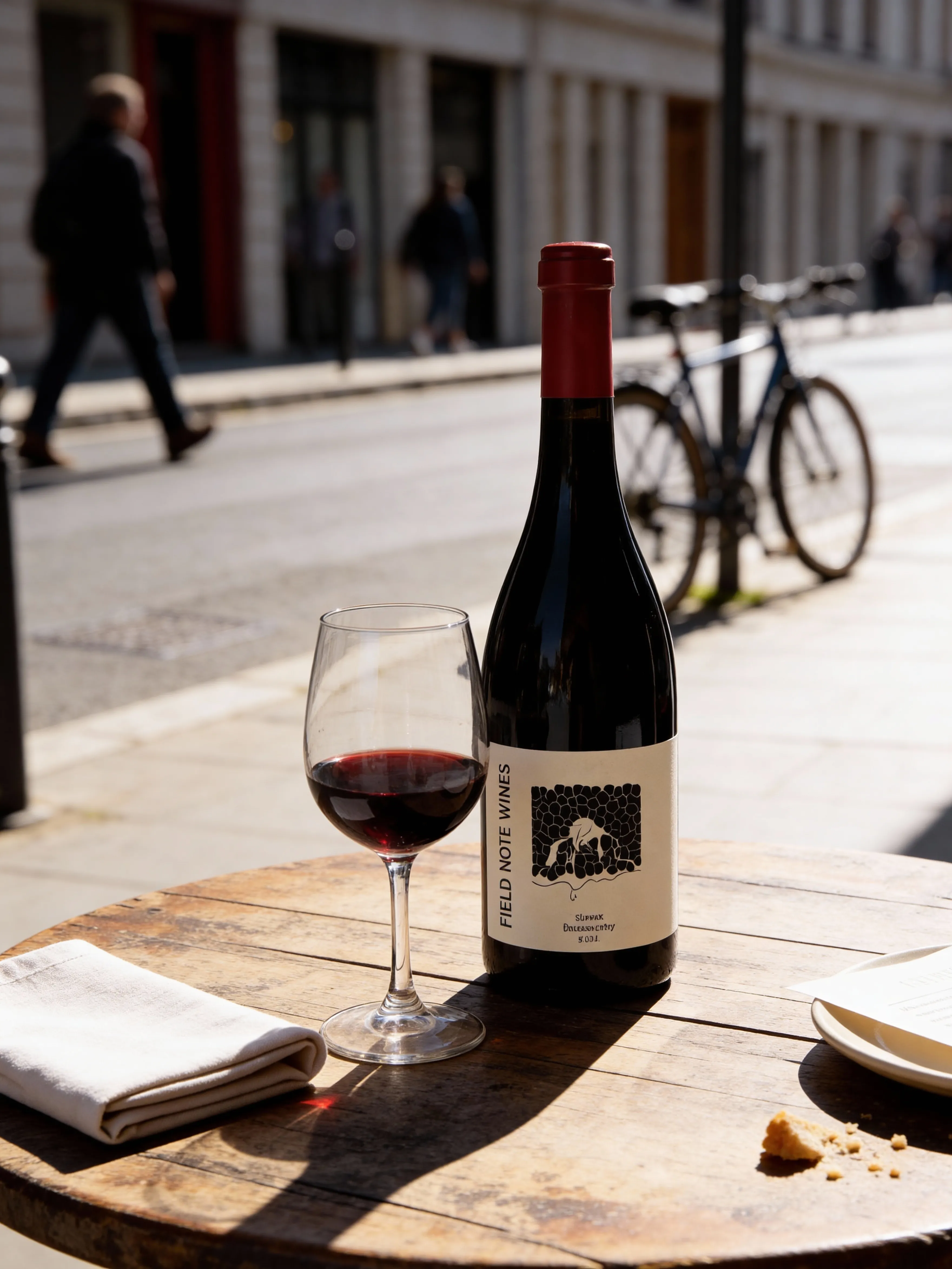 FIELD NOTE bottle and wine glass on a street-side wooden table