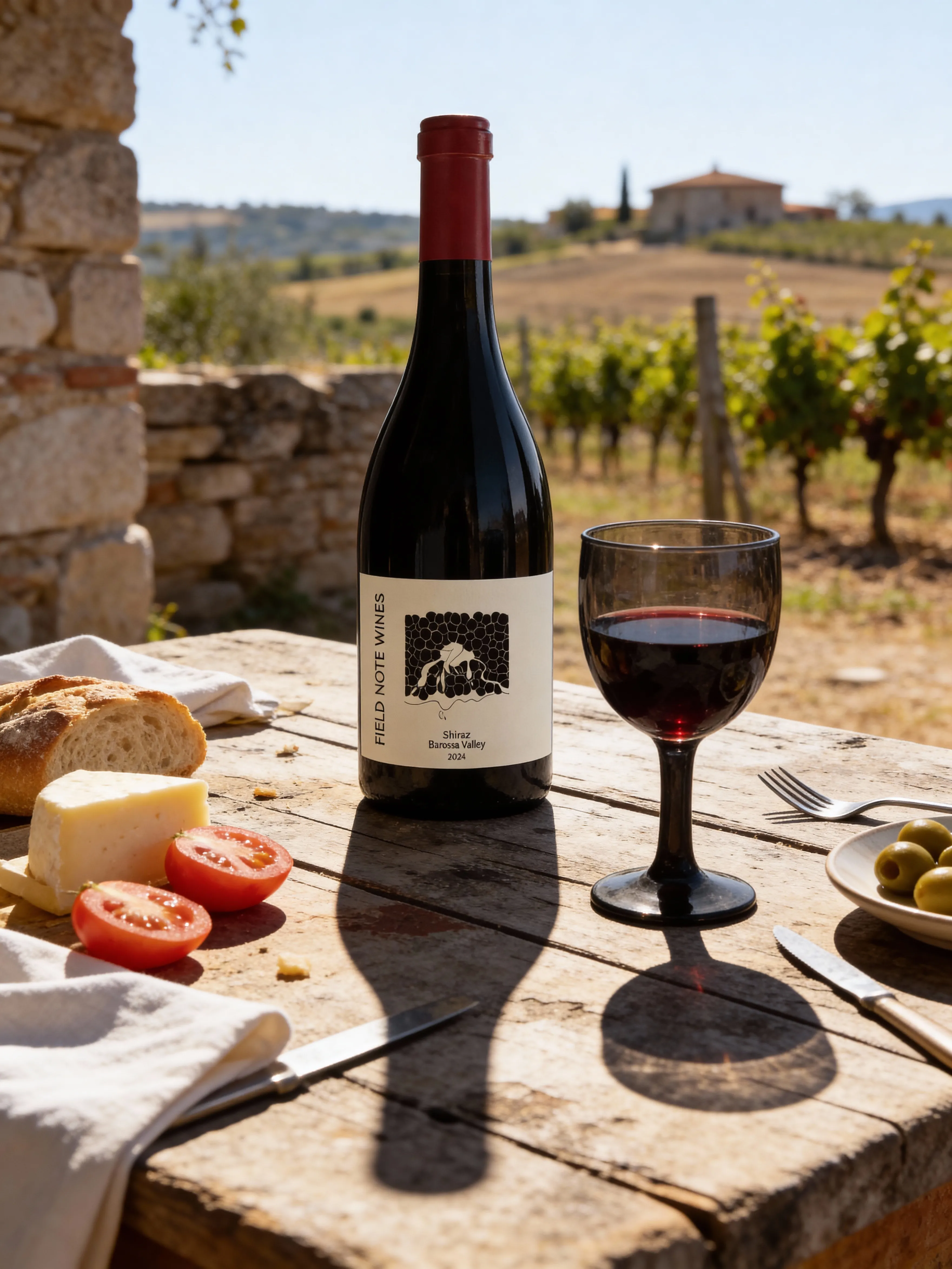 FIELD NOTE bottle and wine glass on an outdoor vineyard table with simple food details