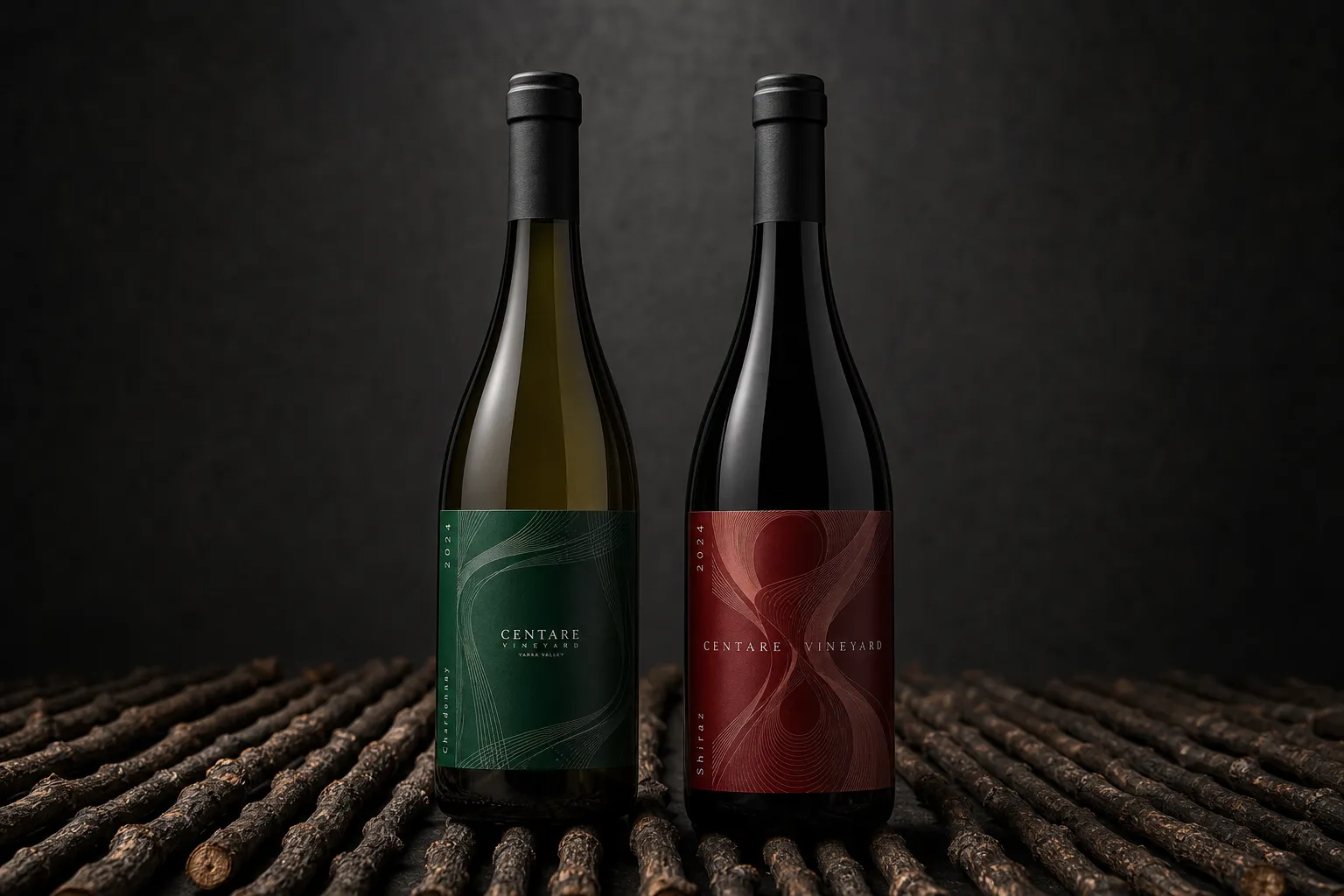 CENTARE Chardonnay and Shiraz bottles standing together on ordered vine canes in a dark mineral studio