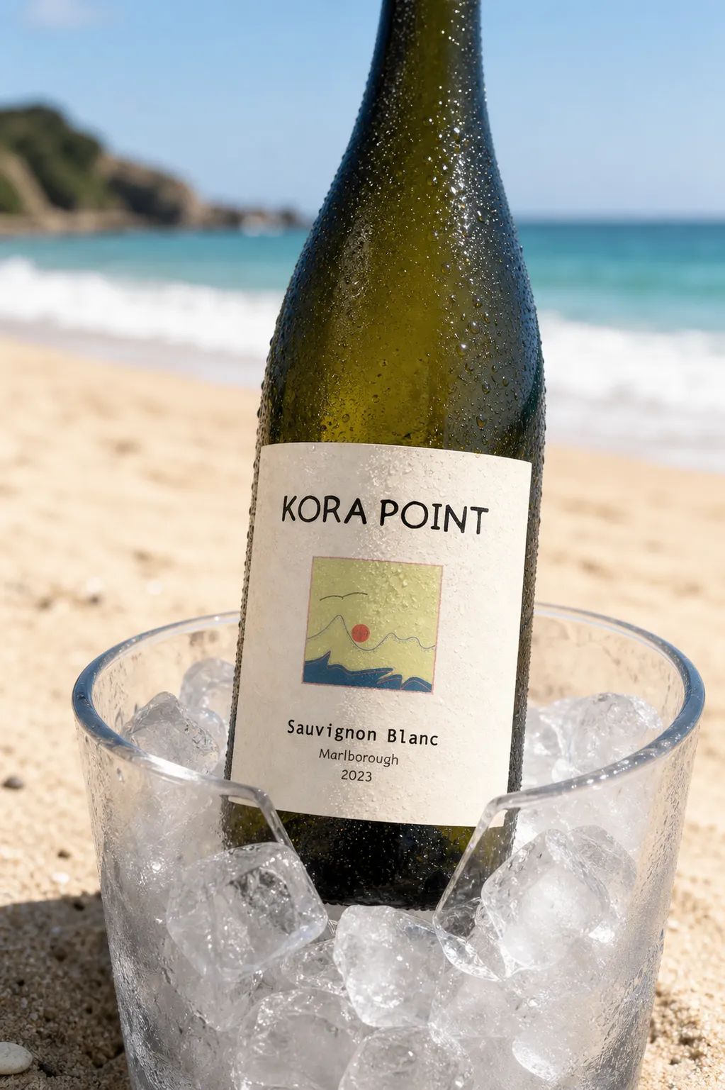 KORA POINT bottle chilled in a clear ice bucket on a bright quiet beach
