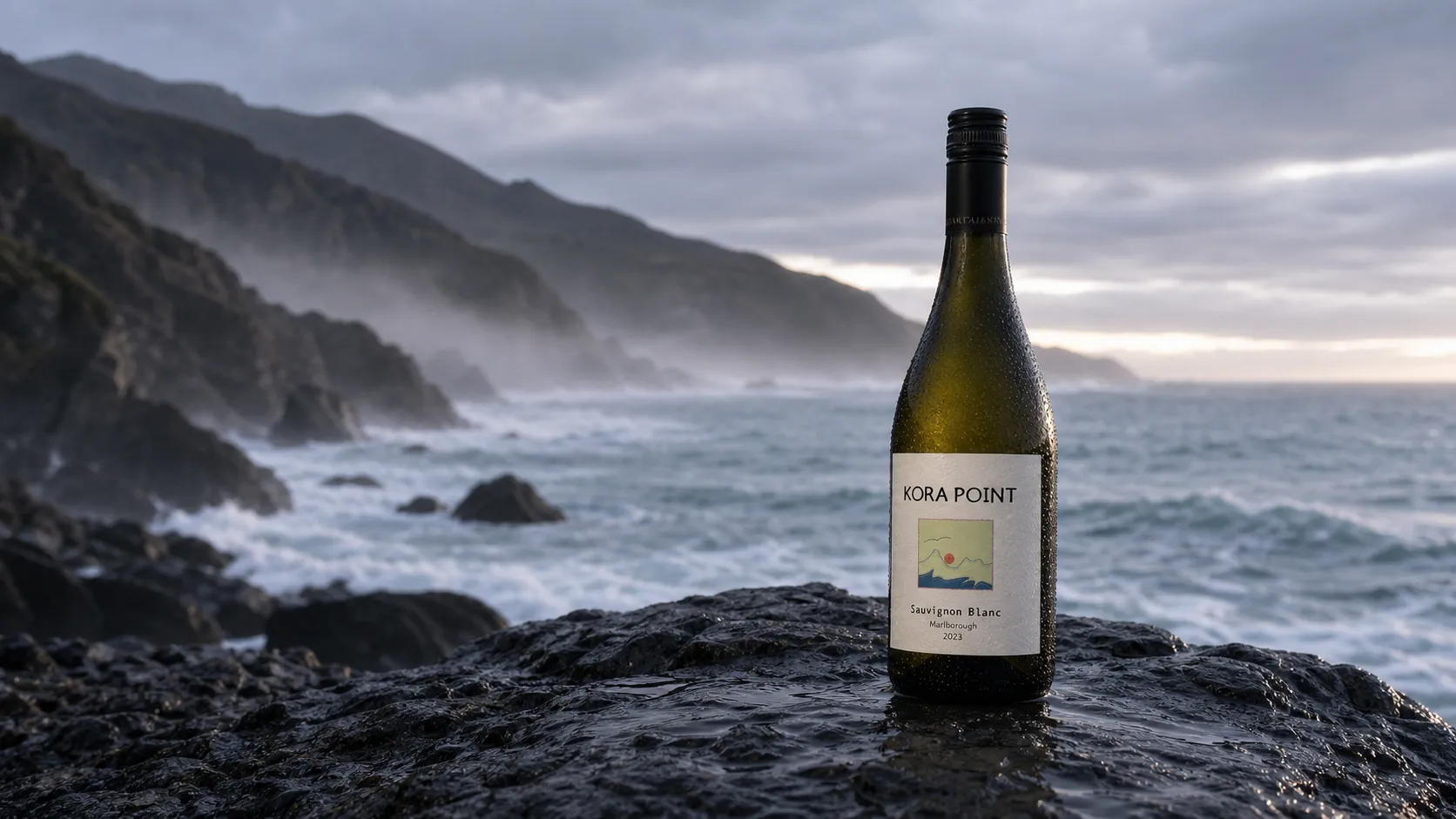 KORA POINT bottle on a dark wet coastal rock in a colder steel-blue morning seascape