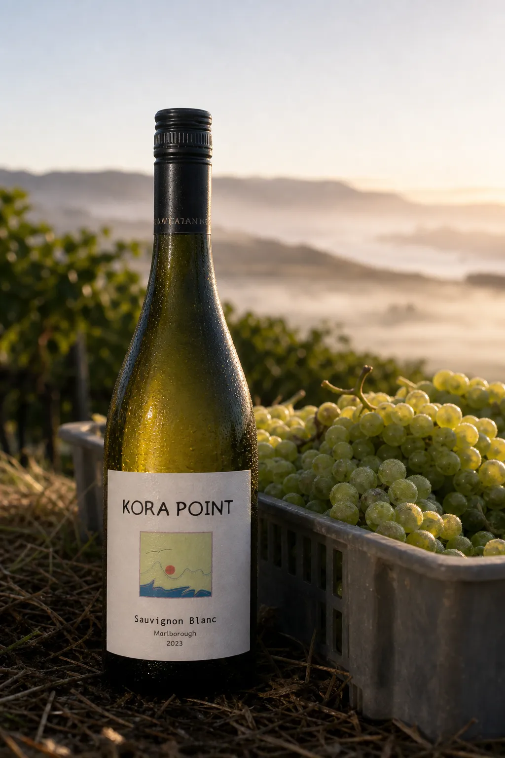 KORA POINT bottle beside freshly picked Sauvignon Blanc grapes in the early morning harvest light