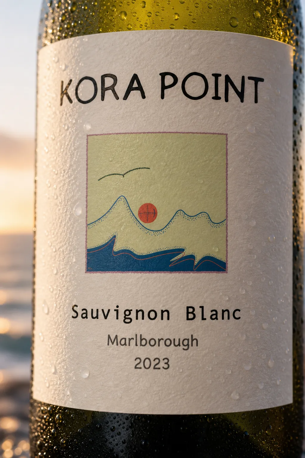 Macro close-up of the KORA POINT label showing the hand-drawn wordmark and coastal illustration