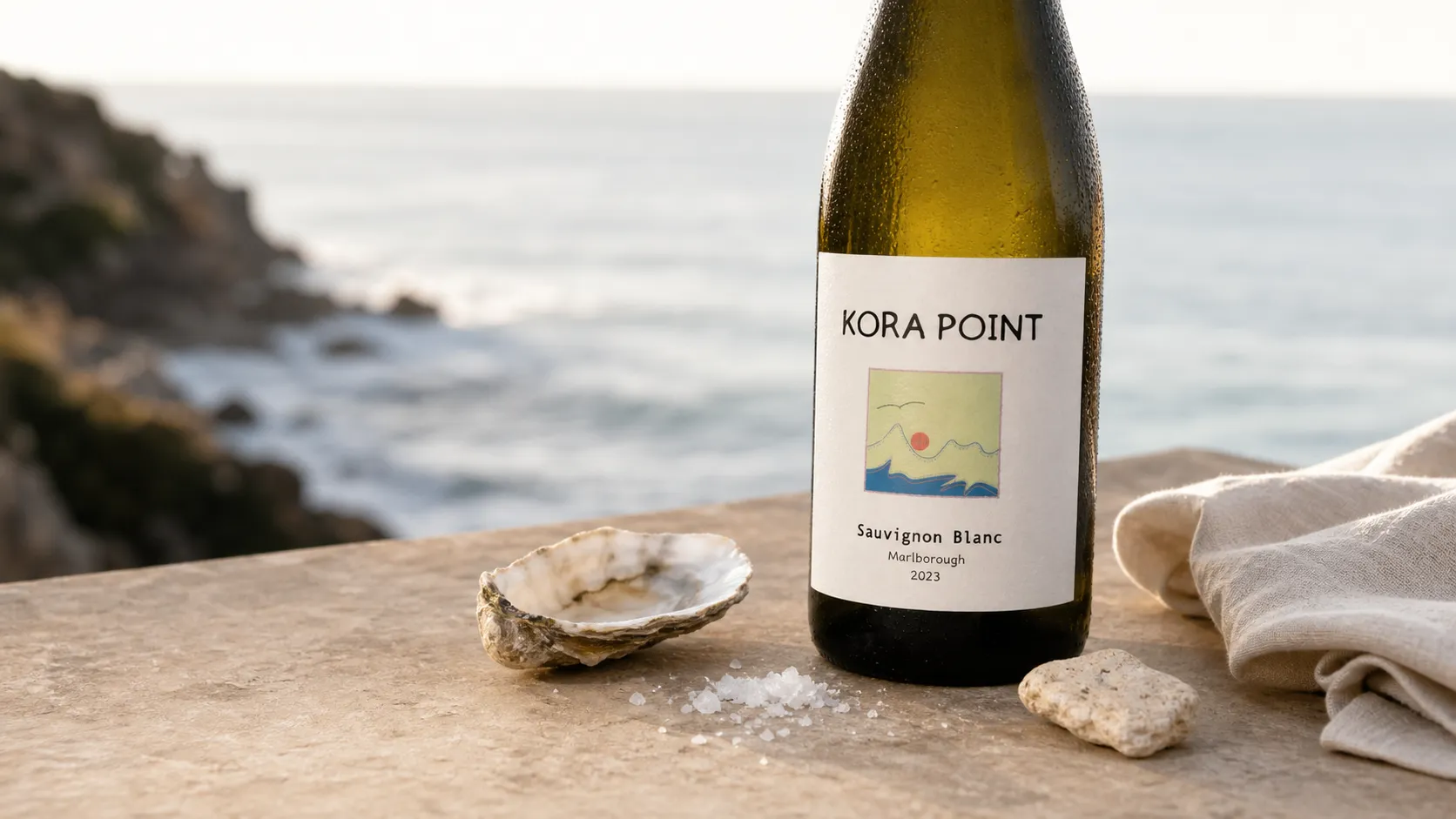 KORA POINT bottle beside an oyster shell, sea salt and linen with the coast softly lit behind