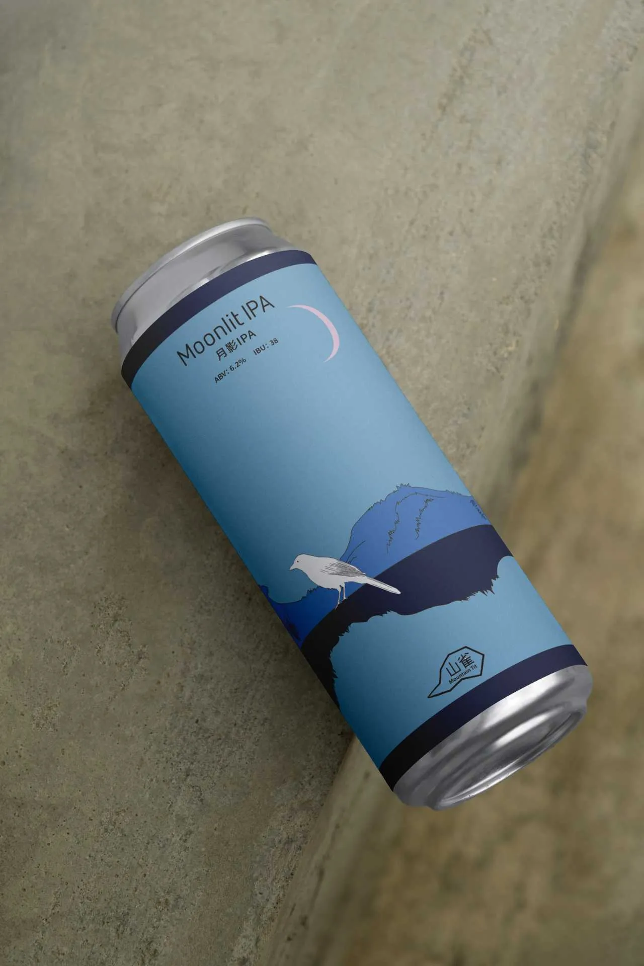 Angled close-up of the Moonlit IPA can showing the moon, bird and mountain forms